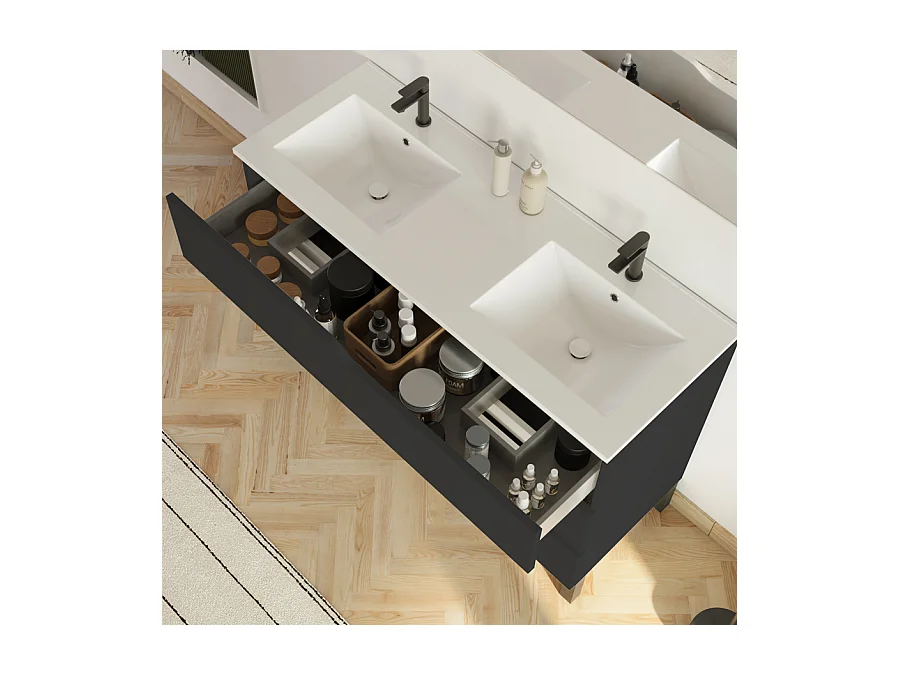 Meuble de salle de bain 120cm avec plan double vasque - 3 tiroirs - noir - MATA