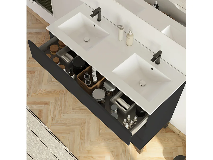Meuble de salle de bain 120cm avec plan double vasque - 3 tiroirs - noir - MATA
