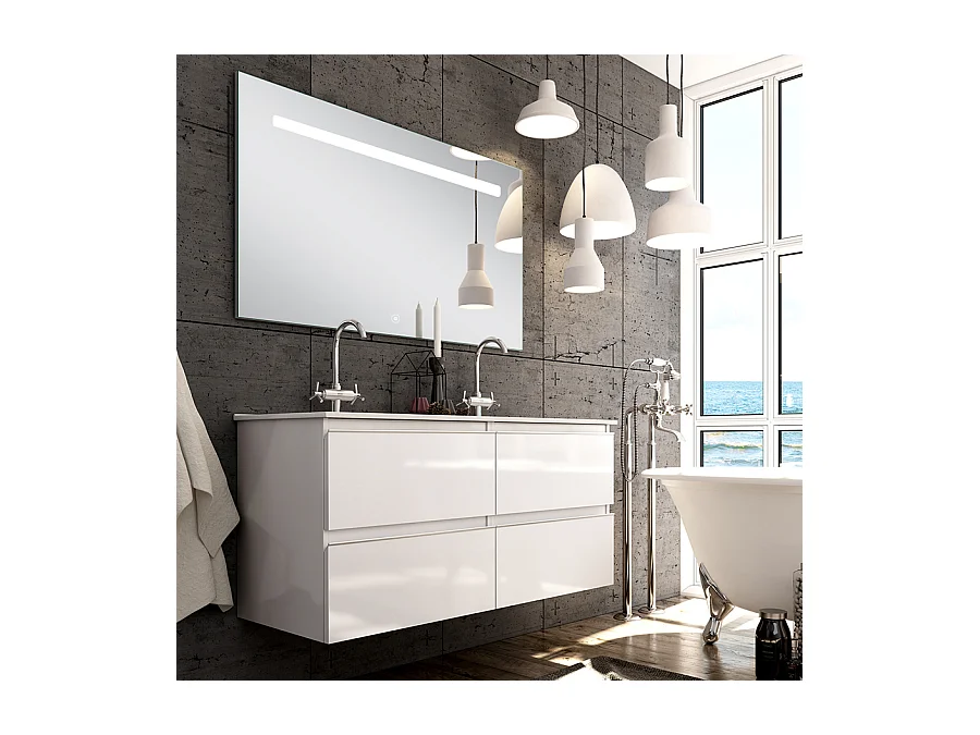Meuble de salle de bain double vasque - 4 tiroirs - BALEA et miroir Led STAM - blanc - 120cm