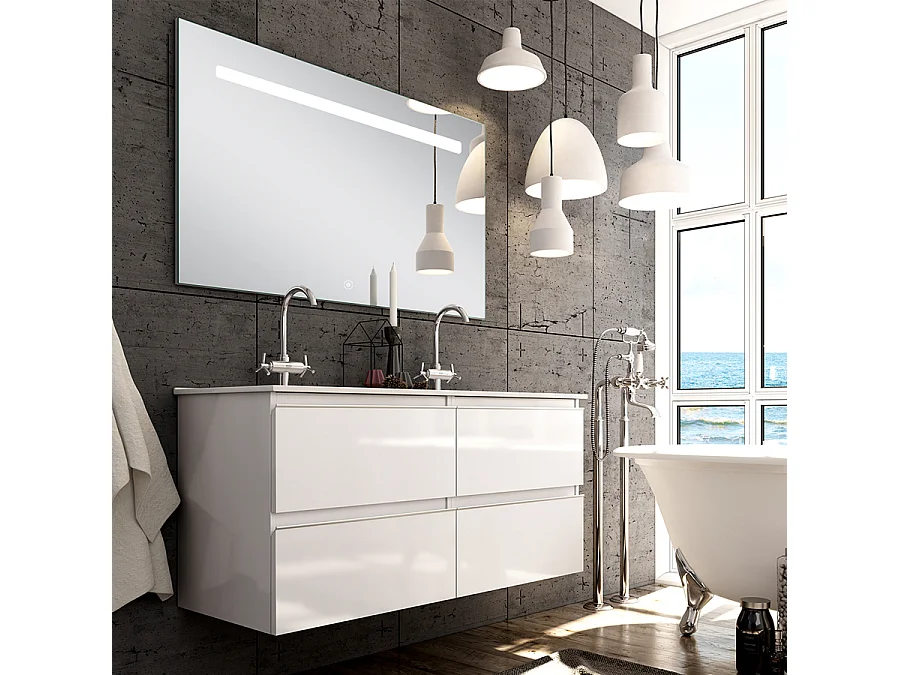 Meuble de salle de bain double vasque - 4 tiroirs - BALEA et miroir Led STAM - blanc - 120cm