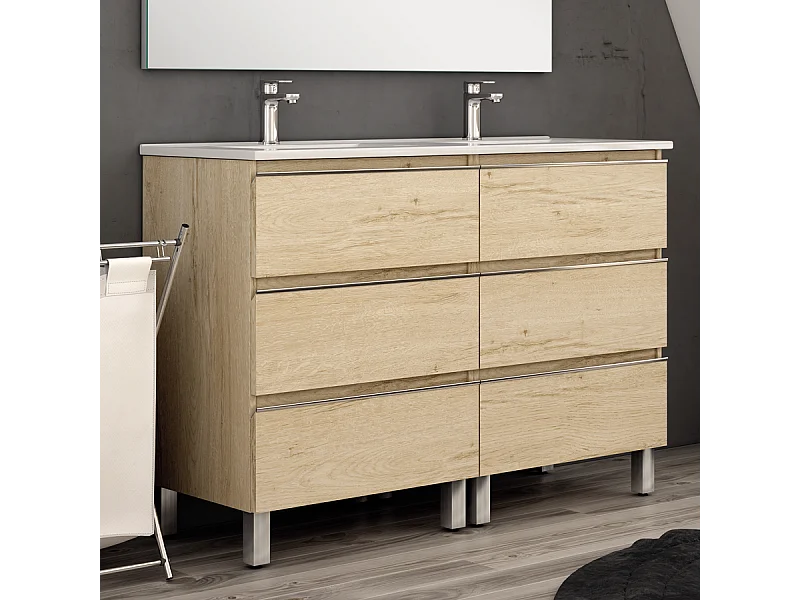 Meuble de salle de bain 120cm double vasque - 6 tiroirs - sans miroir - PALMA - bambou (chêne clair)