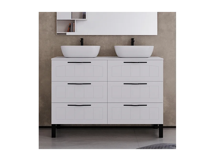 Meuble de salle de bain 120cm avec plateau et deux vasques à poser ovales - 6 tiroirs - sans miroir - blanc - CALA