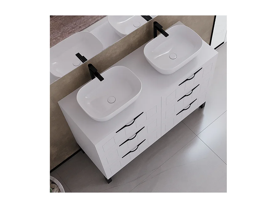 Meuble de salle de bain 120cm avec plateau et deux vasques à poser ovales - 6 tiroirs - sans miroir - blanc - CALA