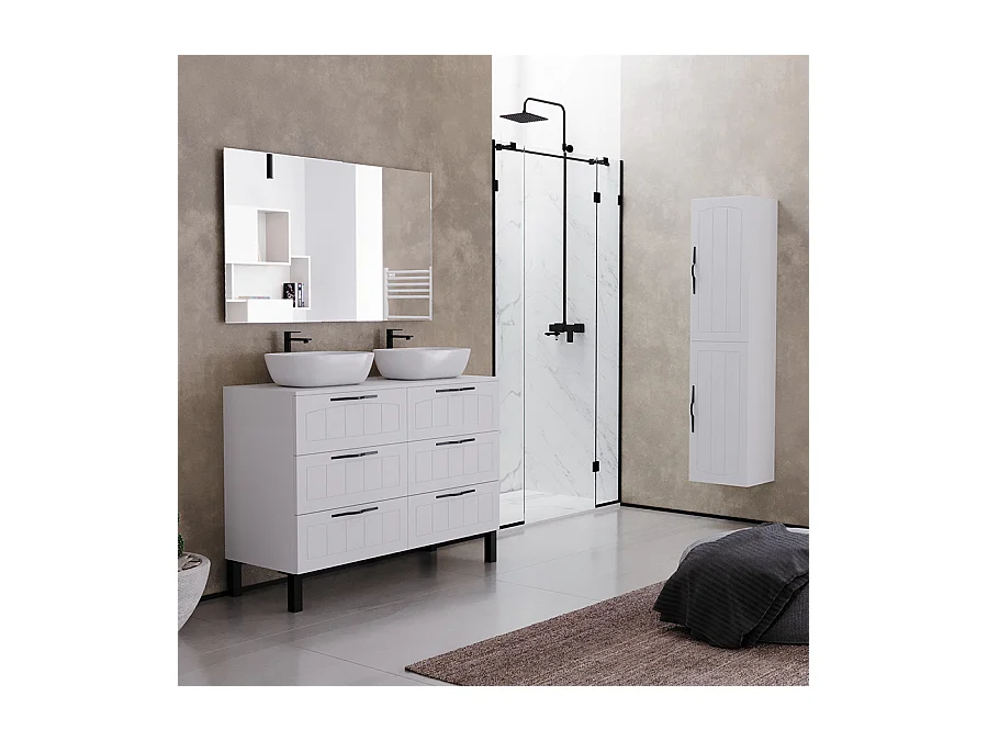 Meuble de salle de bain 120cm avec plateau et deux vasques à poser ovales - 6 tiroirs - sans miroir - blanc - CALA