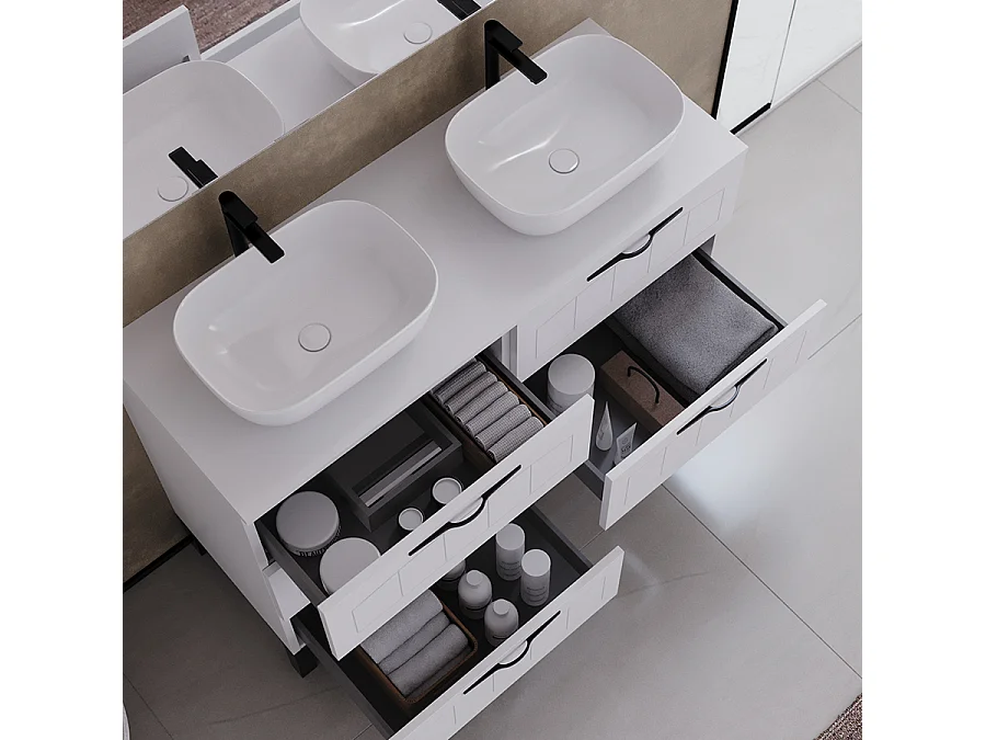 Meuble de salle de bain 120cm avec plateau et deux vasques à poser ovales - 6 tiroirs - sans miroir - blanc - CALA