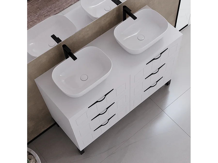 Meuble de salle de bain 120cm avec plateau et deux vasques à poser ovales - 6 tiroirs - sans miroir - blanc - CALA
