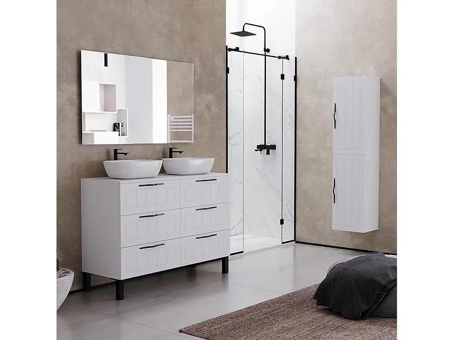 Meuble de salle de bain 120cm avec plateau et deux vasques à poser ovales - 6 tiroirs - sans miroir - blanc - CALA