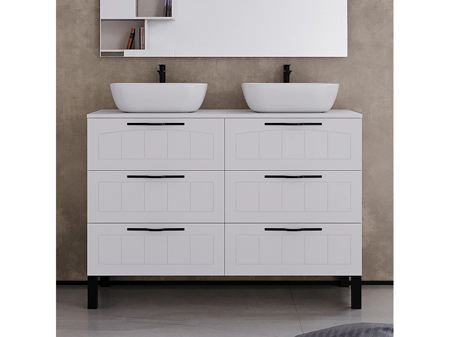 Meuble de salle de bain 120cm avec plateau et deux vasques à poser ovales - 6 tiroirs - sans miroir - blanc - CALA