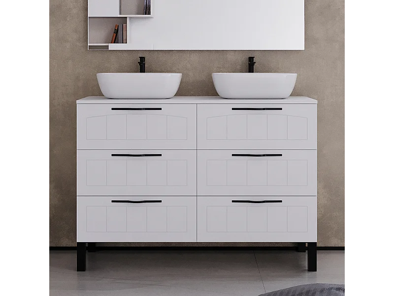 Meuble de salle de bain 120cm avec plateau et deux vasques à poser ovales - 6 tiroirs - sans miroir - blanc - CALA