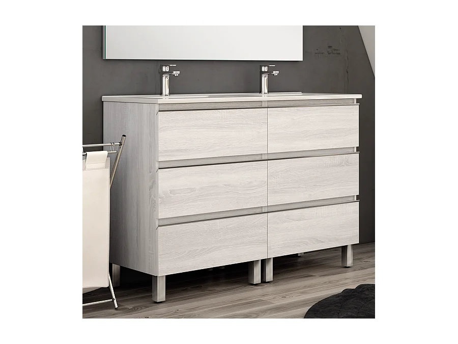 Meuble de salle de bain 140cm double vasque - 6 tiroirs - sans miroir - PALMA - hibernian (bois blanchi)