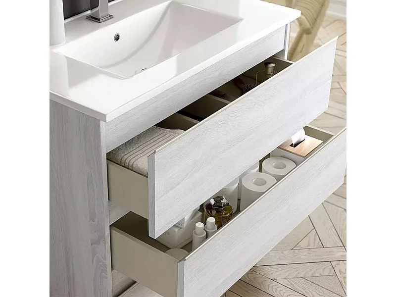 Meuble de salle de bain 140cm double vasque - 6 tiroirs - sans miroir - PALMA - hibernian (bois blanchi)