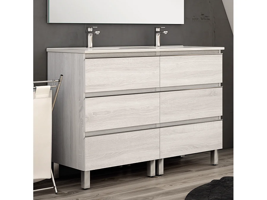 Meuble de salle de bain 140cm double vasque - 6 tiroirs - sans miroir - PALMA - hibernian (bois blanchi)