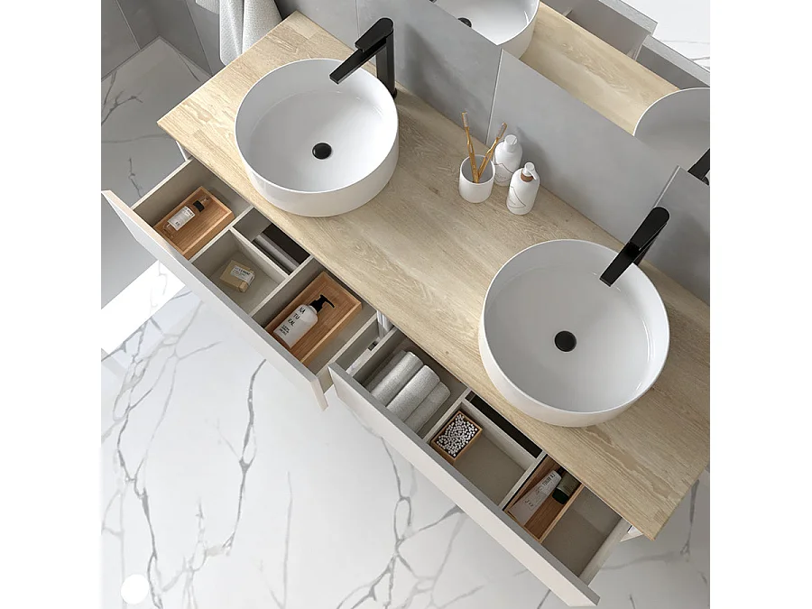 Meuble de salle de bain sans miroir avec vasques ronde BALEA - Blanc - 120cm