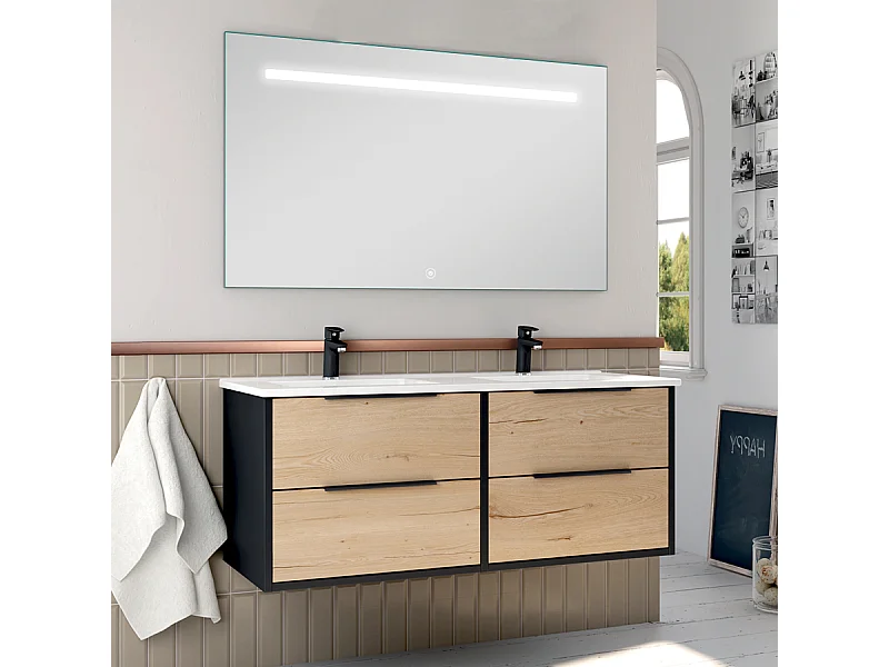Meuble de salle de bain double vasque - 4 tiroirs - ALBA et miroir Led STAM - noir-Chêne - 120cm