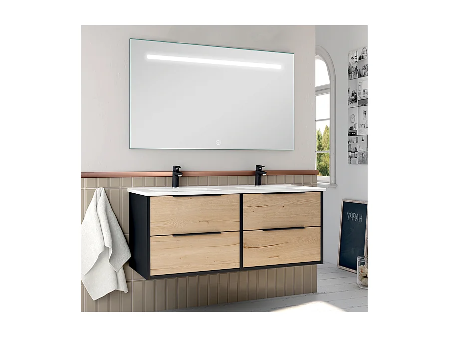 Meuble de salle de bain double vasque - 4 tiroirs - ALBA et miroir Led STAM - noir-Chêne - 120cm