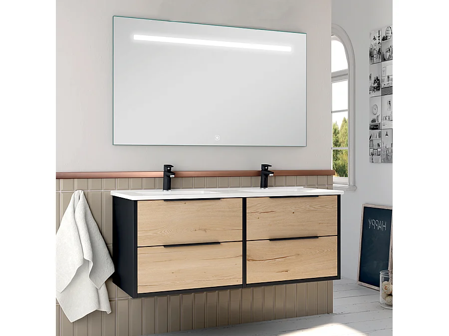 Meuble de salle de bain double vasque - 4 tiroirs - ALBA et miroir Led STAM - noir-Chêne - 120cm