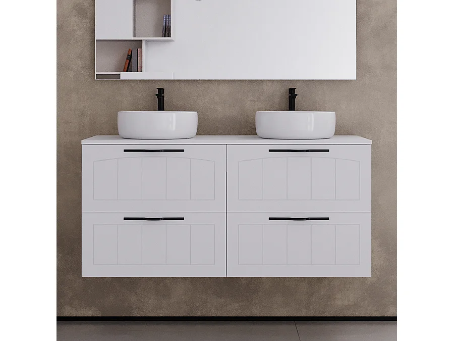 Meuble de salle de bain 120cm avec plateau et deux vasque à poser rondes - 4 tiroirs - sans miroir - blanc - PIA