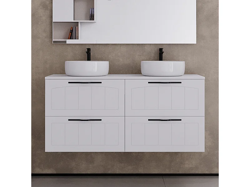 Meuble de salle de bain 120cm avec plateau et deux vasque à poser rondes - 4 tiroirs - sans miroir - blanc - PIA