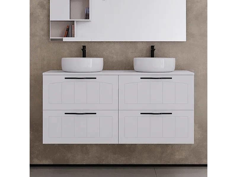 Meuble de salle de bain 120cm avec plateau et deux vasque à poser rondes - 4 tiroirs - sans miroir - blanc - PIA