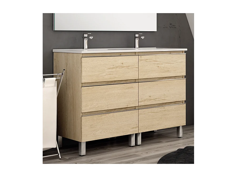 Meuble de salle de bain 120cm double vasque - 6 tiroirs - PALMA - bambou (chêne clair)