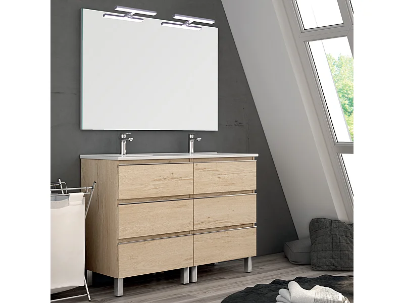 Meuble de salle de bain 120cm double vasque - 6 tiroirs - PALMA - bambou (chêne clair)