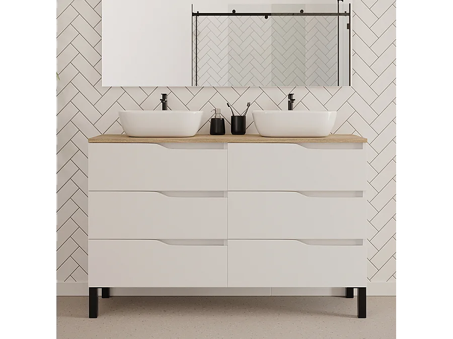 Meuble de salle de bain 120cm avec plateau miel et deux vasques à poser zeus - 6 tiroirs - sans miroir - blanc - MATA