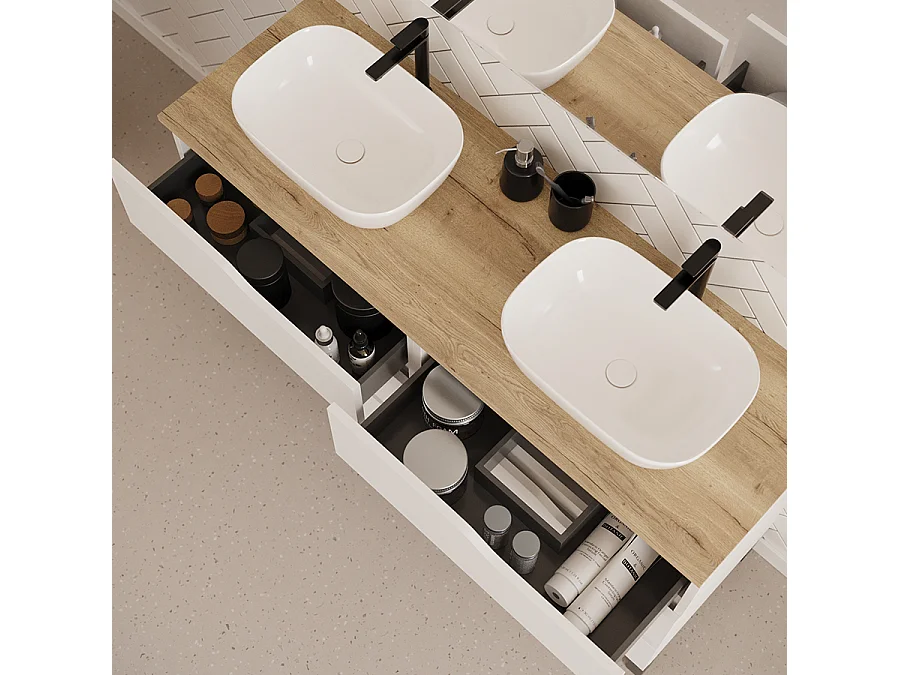 Meuble de salle de bain 120cm avec plateau miel et deux vasques à poser zeus - 6 tiroirs - sans miroir - blanc - MATA