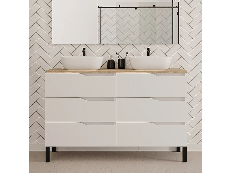 Meuble de salle de bain 120cm avec plateau miel et deux vasques à poser zeus - 6 tiroirs - sans miroir - blanc - MATA