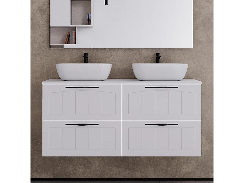 Meuble de salle de bain 120cm avec plateau et deux vasques à poser ovales - 4 tiroirs - sans miroir - blanc - PIA