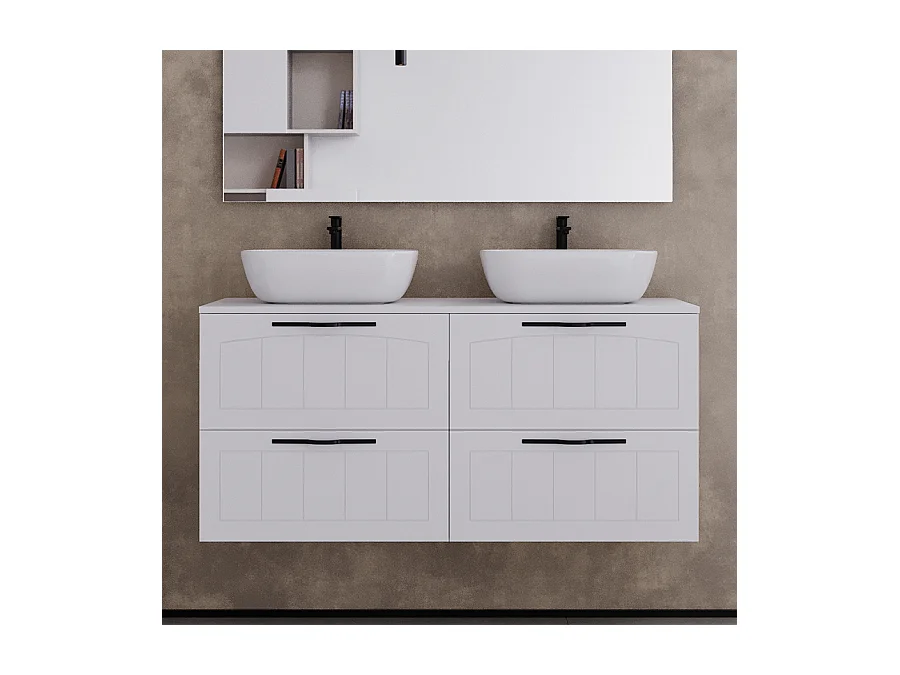 Meuble de salle de bain 120cm avec plateau et deux vasques à poser ovales - 4 tiroirs - sans miroir - blanc - PIA