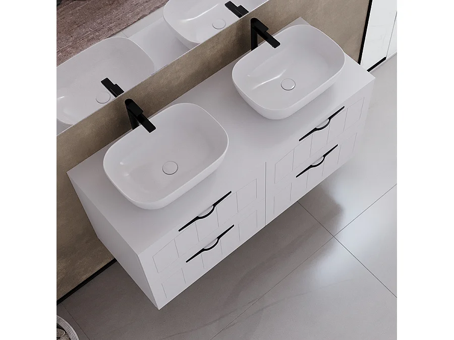 Meuble de salle de bain 120cm avec plateau et deux vasques à poser ovales - 4 tiroirs - sans miroir - blanc - PIA