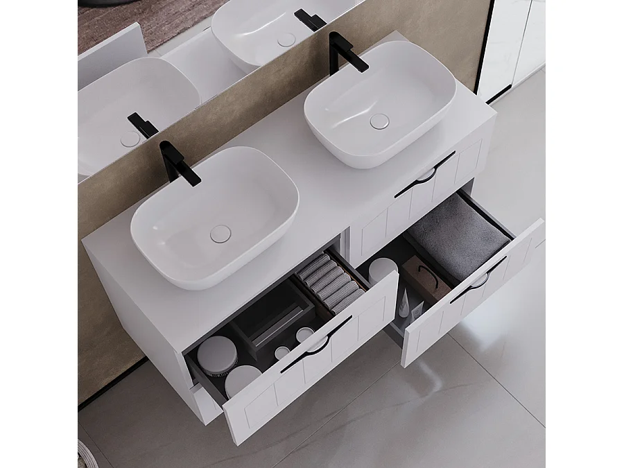Meuble de salle de bain 120cm avec plateau et deux vasques à poser ovales - 4 tiroirs - sans miroir - blanc - PIA