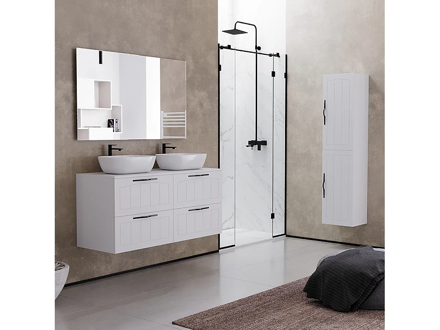 Meuble de salle de bain 120cm avec plateau et deux vasques à poser ovales - 4 tiroirs - sans miroir - blanc - PIA