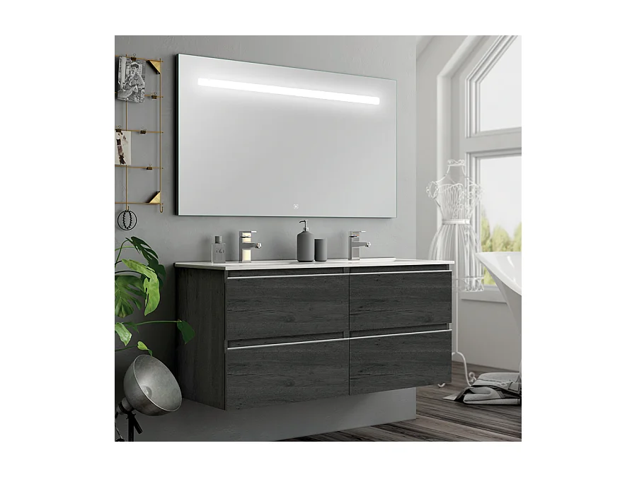 Meuble de salle de bain double vasque - 4 tiroirs - BALEA et miroir Led STAM - ebony (bois noir) - 120cm