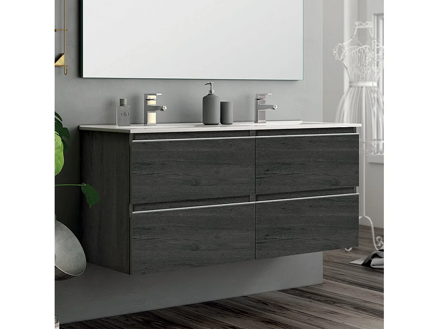 Meuble de salle de bain double vasque - 4 tiroirs - BALEA et miroir Led STAM - ebony (bois noir) - 120cm