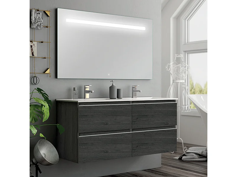 Meuble de salle de bain double vasque - 4 tiroirs - BALEA et miroir Led STAM - ebony (bois noir) - 120cm