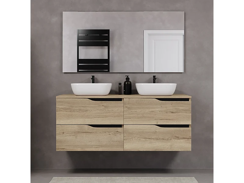 Meuble de salle de bain 140cm avec plateau et deux vasques à poser zeus - 4 tiroirs - madera miel (chêne clair) - LUNA