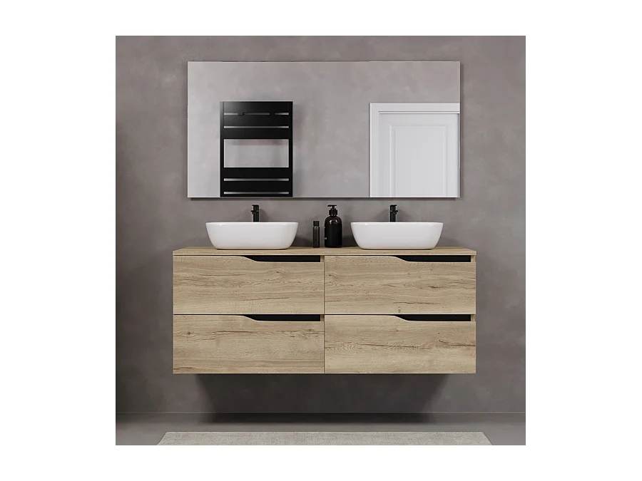 Meuble de salle de bain 140cm avec plateau et deux vasques à poser zeus - 4 tiroirs - madera miel (chêne clair) - LUNA