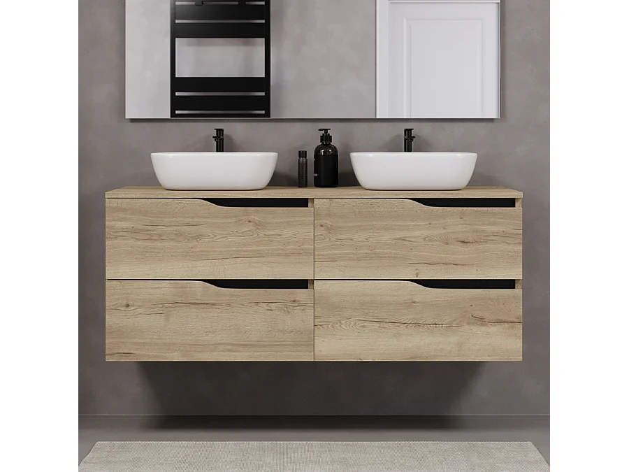 Meuble de salle de bain 140cm avec plateau et deux vasques à poser zeus - 4 tiroirs - madera miel (chêne clair) - LUNA