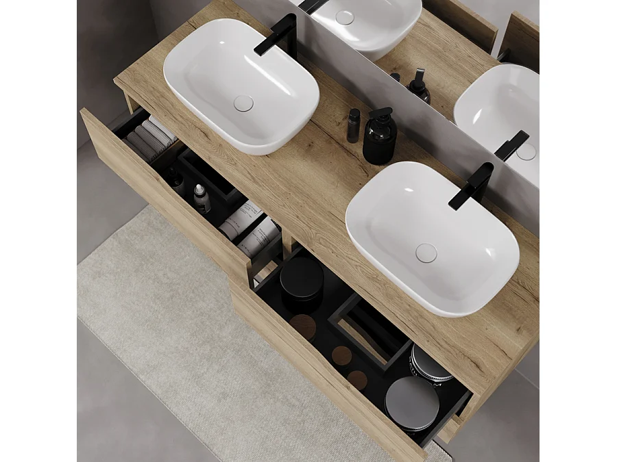 Meuble de salle de bain 140cm avec plateau et deux vasques à poser zeus - 4 tiroirs - madera miel (chêne clair) - LUNA