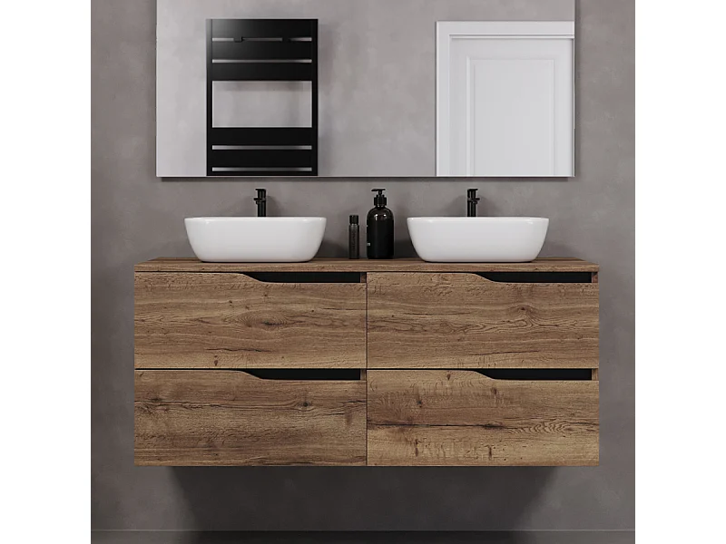 Meuble de salle de bain 120cm avec plateau et deux vasques à poser zeus - 4 tiroirs - sans miroir - tabaco (chêne foncé) - LUNA