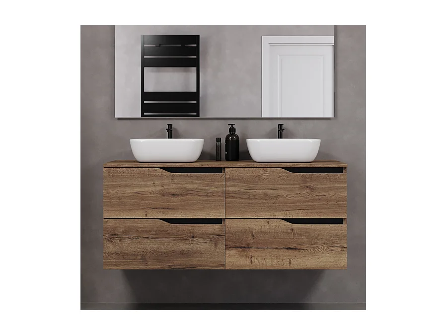 Meuble de salle de bain 120cm avec plateau et deux vasques à poser zeus - 4 tiroirs - sans miroir - tabaco (chêne foncé) - LUNA