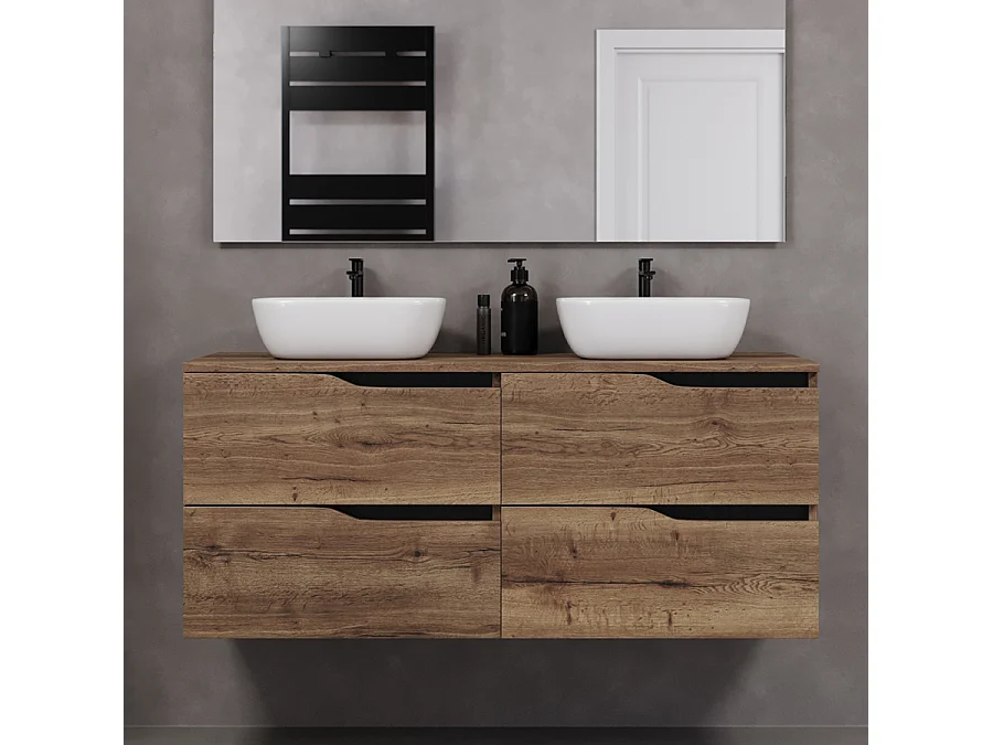 Meuble de salle de bain 120cm avec plateau et deux vasques à poser zeus - 4 tiroirs - sans miroir - tabaco (chêne foncé) - LUNA
