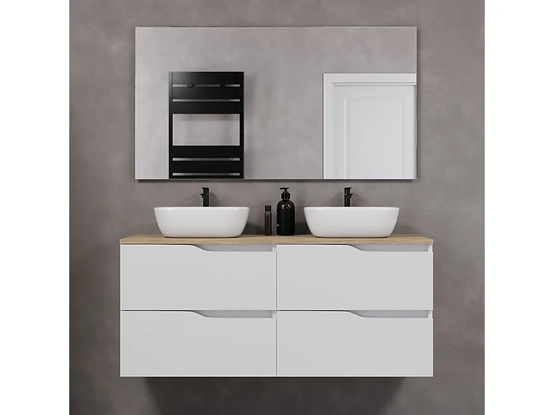 Meuble de salle de bain 120cm avec plateau miel et deux vasques à poser zeus - 4 tiroirs - blanc - LUNA