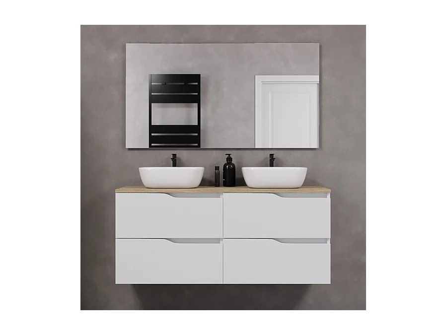 Meuble de salle de bain 120cm avec plateau miel et deux vasques à poser zeus - 4 tiroirs - blanc - LUNA