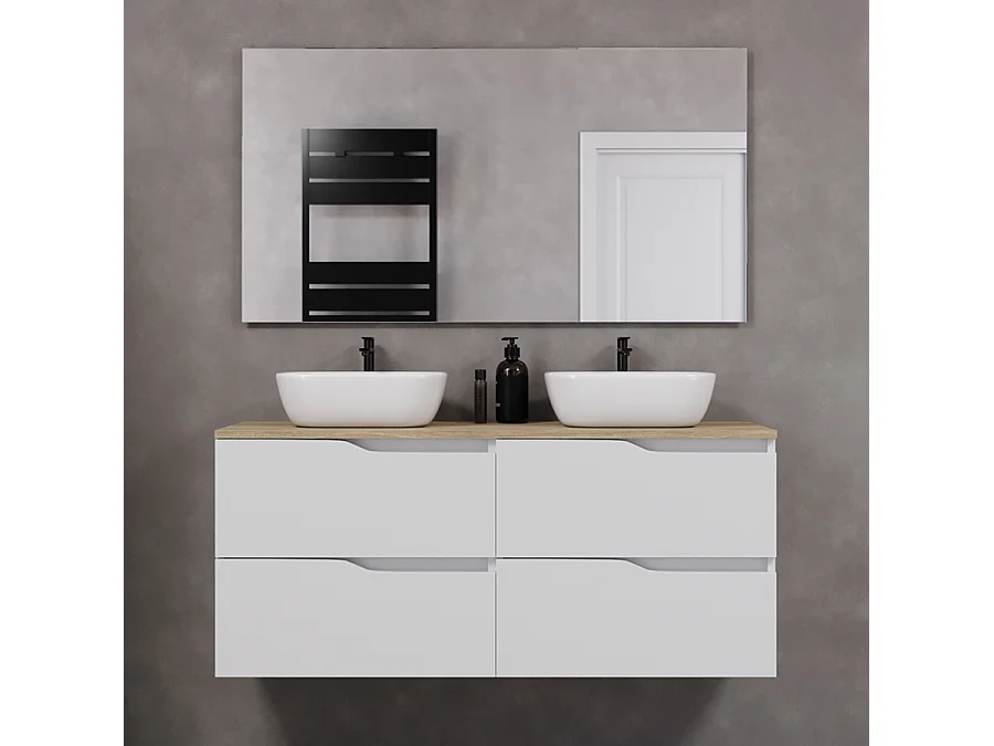 Meuble de salle de bain 120cm avec plateau miel et deux vasques à poser zeus - 4 tiroirs - blanc - LUNA