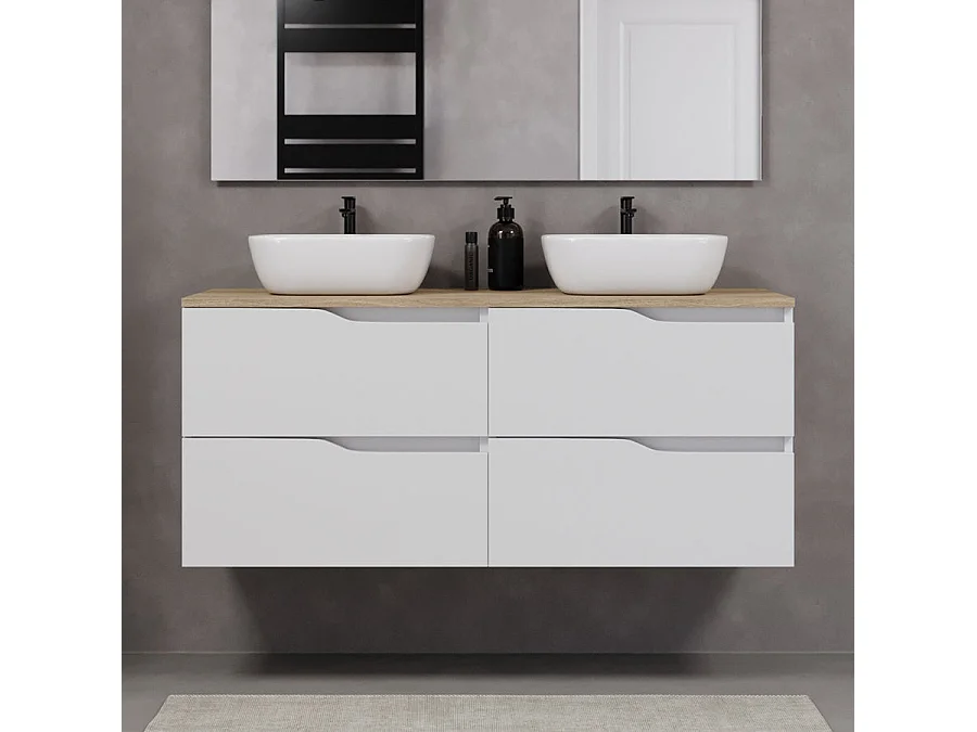 Meuble de salle de bain 120cm avec plateau miel et deux vasques à poser zeus - 4 tiroirs - blanc - LUNA