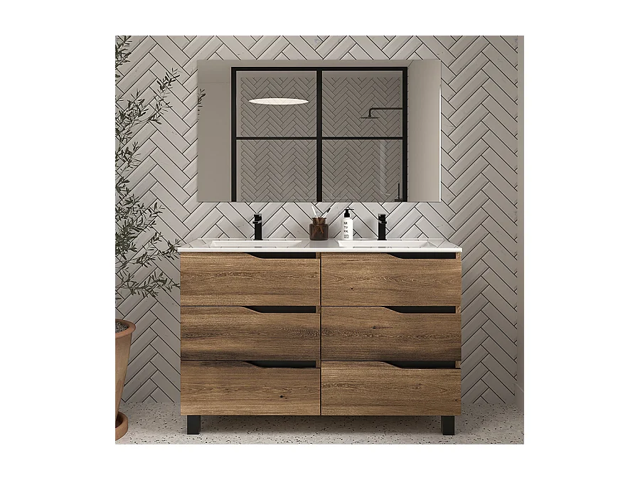 Meuble de salle de bain 120cm double vasque - 6 tiroirs - tabaco (bois foncé) - MATA