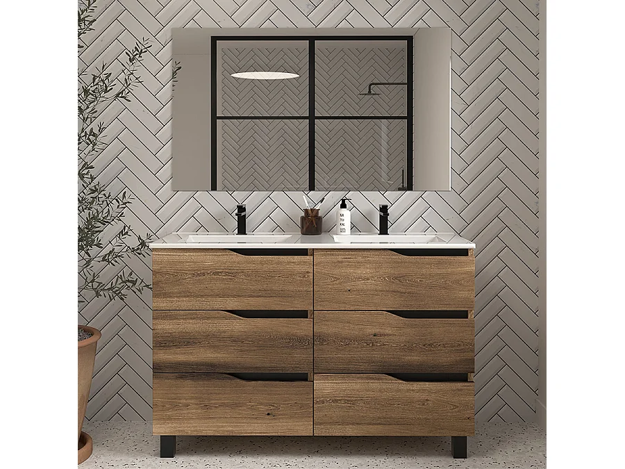 Meuble de salle de bain 120cm double vasque - 6 tiroirs - tabaco (bois foncé) - MATA