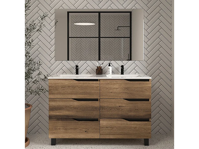 Meuble de salle de bain 120cm double vasque - 6 tiroirs - tabaco (bois foncé) - MATA